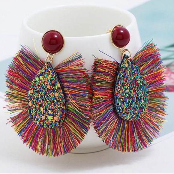 Rosie’s Boutique Jewelry - Rainbow tassel fringe druzy statement earrings